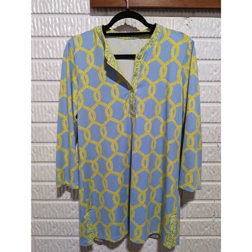 J. McLaughlin Women's M Light Blue And Yellow Green Patterned Nylon Tunic Top